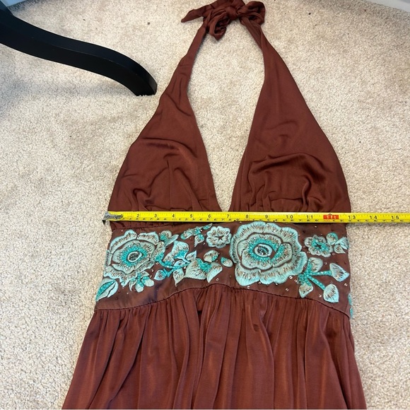 BCBGMAXAZRIA bronze brown teal embroidered beaded flower halter dress - Picture 14 of 16